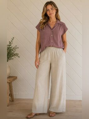 COKLUCH Blouse Viscose Linen Blend Button up Blouse Purple